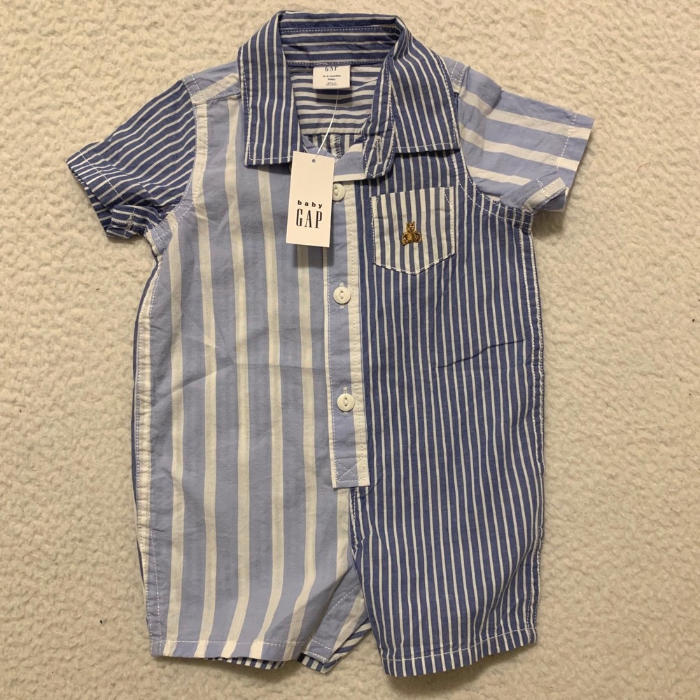 Baby Gap Mixed Stripe Short Sleeve Romper 0-3 Months Blue White NWT! 825307-00-1